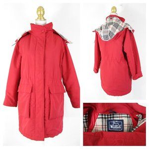 Vintage Woolrich Woman Solid Red Plaid Wool Lined Parka Coat  M